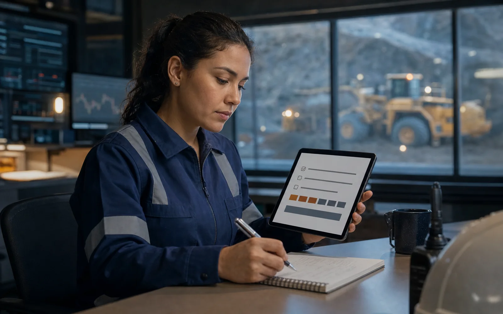 Profesional del sector minero completando una autoevaluación desde una tablet.